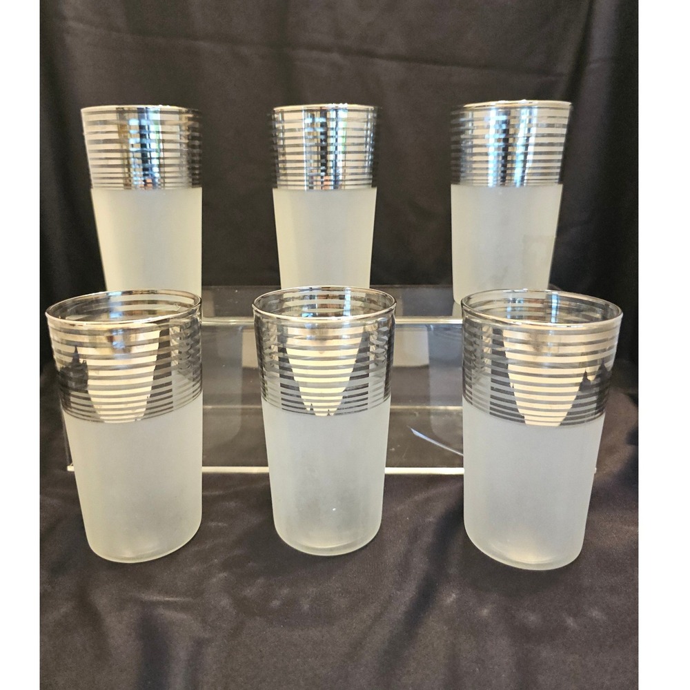 Vintage Mid Century Modern Frosted Silver Striped Highball Glasses‎ Set of 6 MCM